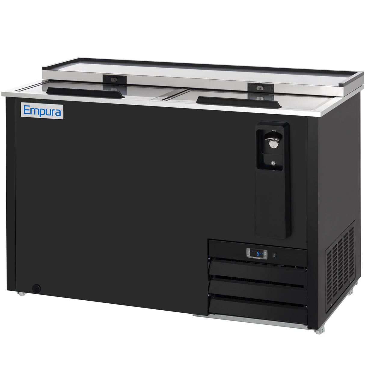 A black Empura refrigeration commercial bottle cooler with a stainless steel top, sliding lids, built-in bottle opener, and a vent with digital temperature display near the bottom right. Features a blue “Empura” logo on the upper left corner.