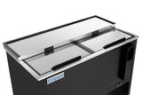 A close-up of an Empura refrigeration commercial bottle cooler with two sliding stainless steel lids, each featuring a black handle. The unit is labeled Empura on the front left corner and has a sleek, modern black exterior.