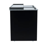 A black rectangular commercial bottle cooler with a sliding glass lid, shown from the side. The upper edge features a silver metal trim, and the appliance stands on small, round feet against a plain white background.