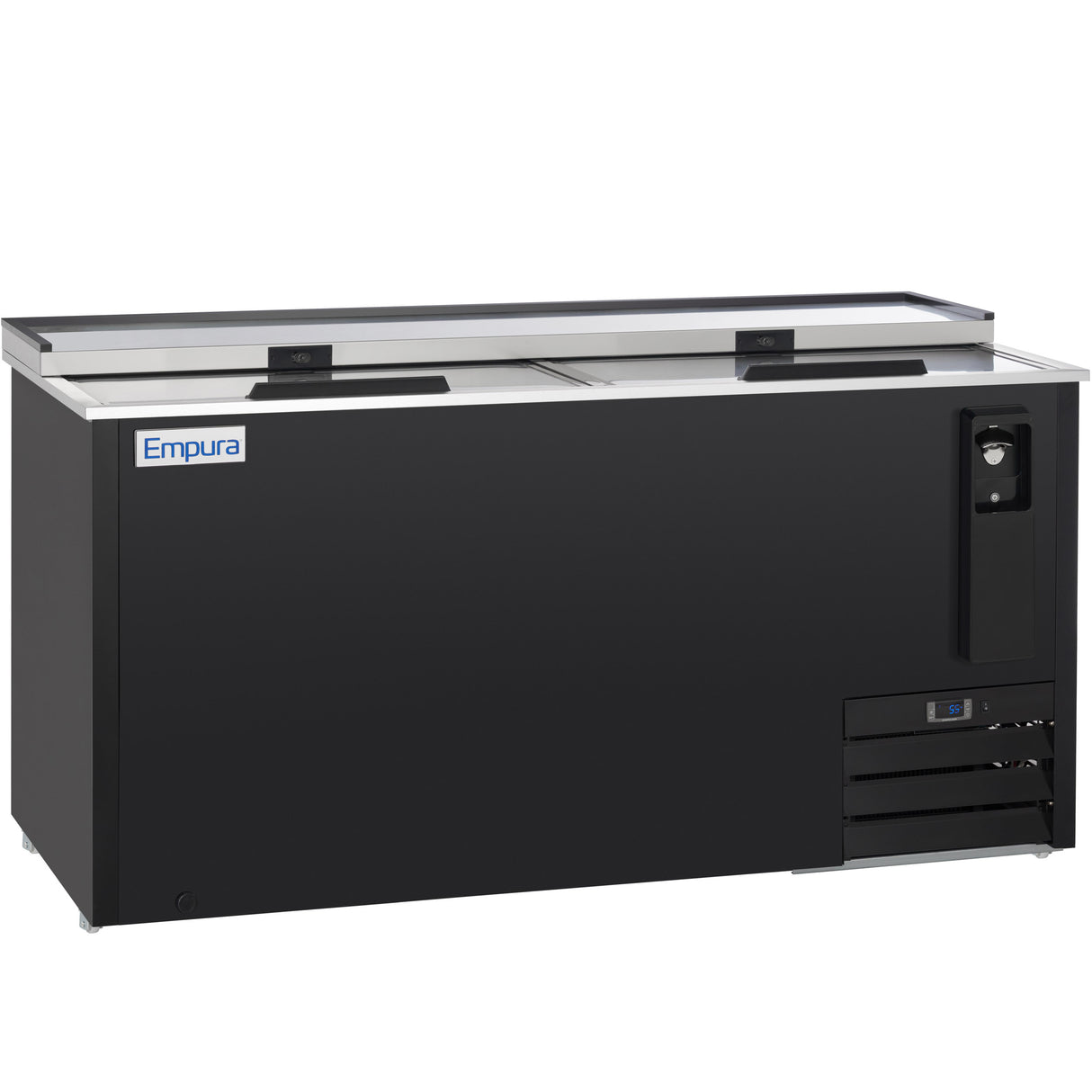 A black Empura commercial bottle cooler with sliding glass lids, a white Empura logo on the left front, a lock on the right side, and ventilation grilles at the bottom right. This Empura refrigeration unit is rectangular and sits on small legs.