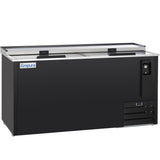 A black Empura commercial bottle cooler with sliding glass lids, a white Empura logo on the left front, a lock on the right side, and ventilation grilles at the bottom right. This Empura refrigeration unit is rectangular and sits on small legs.