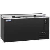A black Empura commercial bottle cooler with sliding glass lids, a white Empura logo on the left front, a lock on the right side, and ventilation grilles at the bottom right. This Empura refrigeration unit is rectangular and sits on small legs.