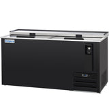 A black Empura refrigeration commercial bottle cooler with two sliding lids on top, an Empura logo on the upper left, and a built-in bottle opener with cap catcher on the right. Vents and a control panel are on the lower right side.
