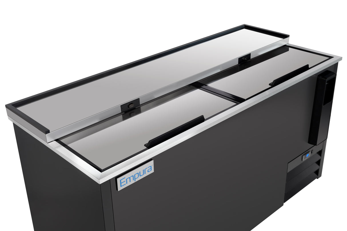 A commercial bottle cooler with sliding stainless steel lids, partially open to show interior access. The cooler features a blue and white Empura logo on the front and a control panel on the right, showcasing quality Empura refrigeration.