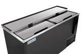 A commercial bottle cooler with sliding stainless steel lids, partially open to show interior access. The cooler features a blue and white Empura logo on the front and a control panel on the right, showcasing quality Empura refrigeration.