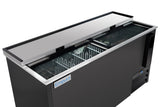 A commercial bottle cooler from Empura refrigeration features a sliding glass lid, black exterior, interior wire racks, and a visible cooling fan. The cooler is empty and clean, with the brand logo on the front and the sliding lid partially open to reveal the inside.