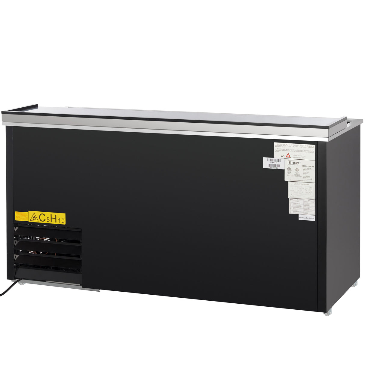 A large, black Empura refrigeration commercial bottle cooler with a sliding stainless steel top, vent on the left, warning label and info stickers on the right. The rectangular cooler sits on short legs and is plugged in with a visible power cord.