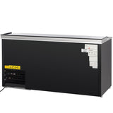 A large, black Empura refrigeration commercial bottle cooler with a sliding stainless steel top, vent on the left, warning label and info stickers on the right. The rectangular cooler sits on short legs and is plugged in with a visible power cord.