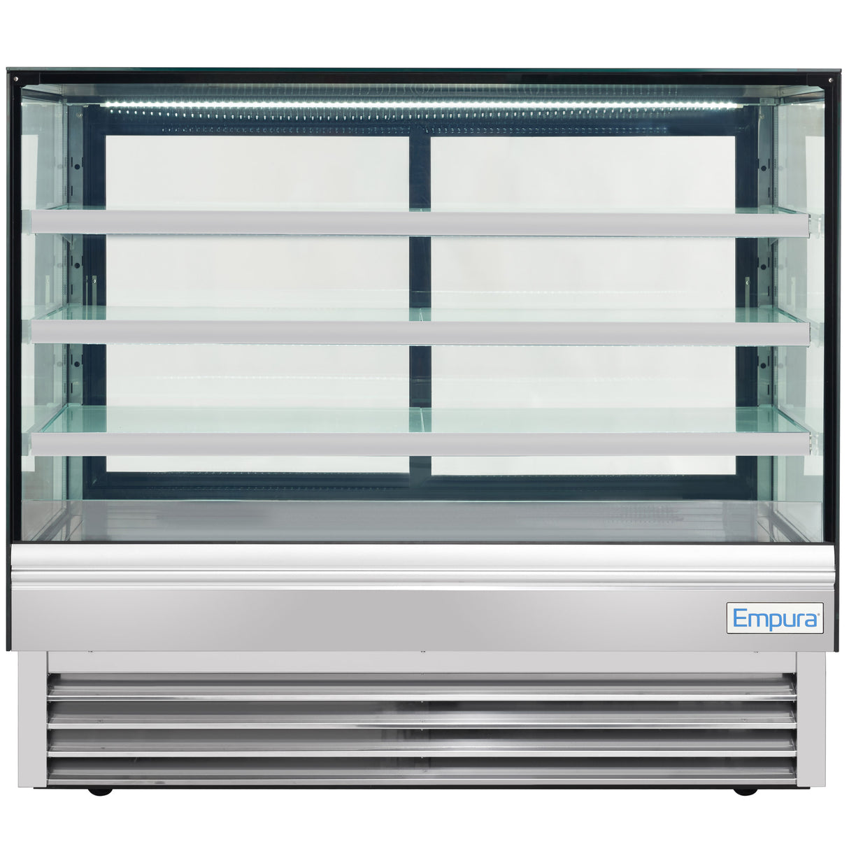 A commercial refrigerated display case with four empty stainless steel shelves, interior LED lighting, and a stainless steel base vent. The brand name “Empura” appears on the bottom right corner of the unit’s front panel.