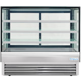 A commercial refrigerated display case with four empty stainless steel shelves, interior LED lighting, and a stainless steel base vent. The brand name “Empura” appears on the bottom right corner of the unit’s front panel.