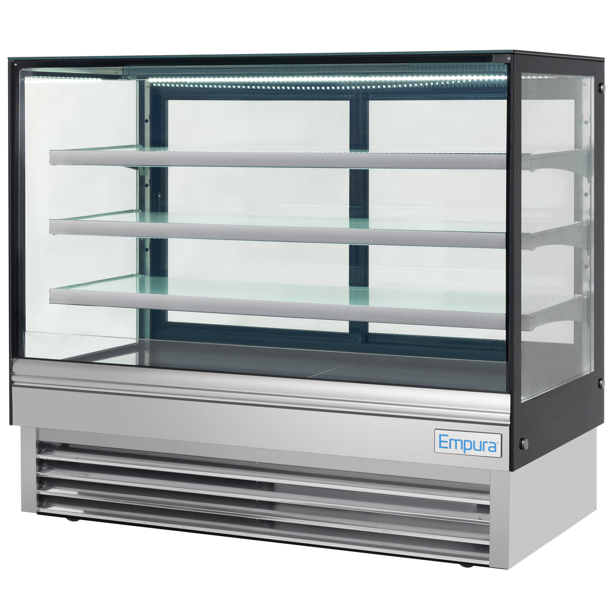 A commercial refrigerated display case with three glass shelves, clear glass sides and front, stainless steel base, and bright LED lighting. The front features a vented panel at the bottom and an Empura logo on the lower right corner.