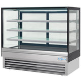 A commercial refrigerated display case with three glass shelves, clear glass sides and front, stainless steel base, and bright LED lighting. The front features a vented panel at the bottom and an Empura logo on the lower right corner.