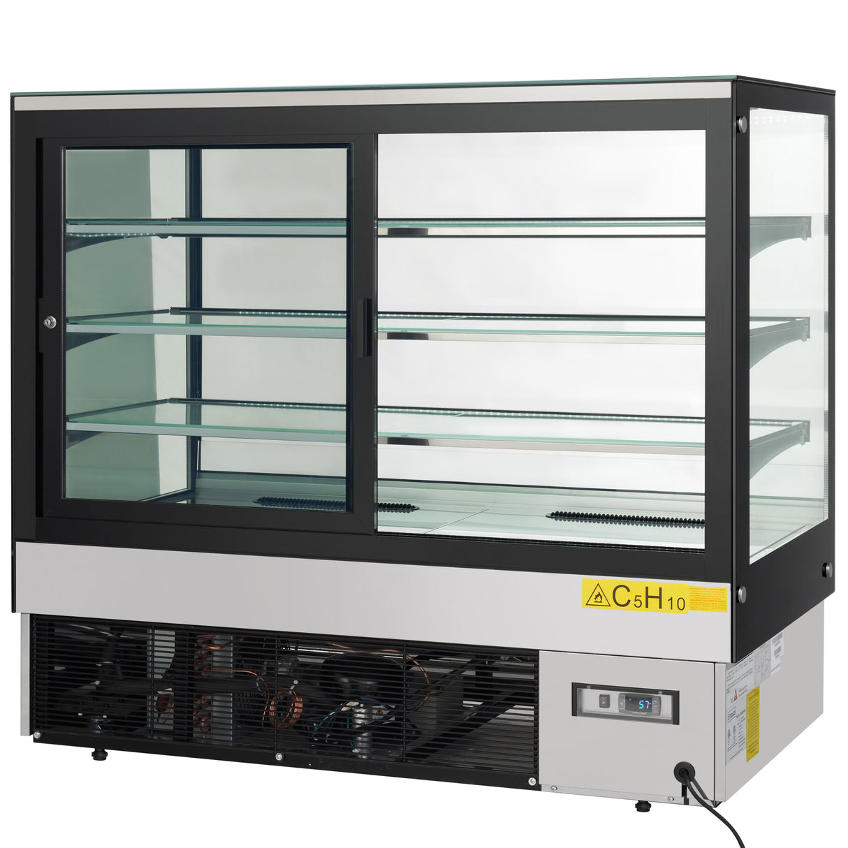 A commercial refrigerated display case with a black frame, sliding glass doors, and three stainless steel shelves. The lower section houses refrigeration components, a digital temperature display, and a yellow C5H10 warning label. The unit is empty.