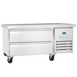 A stainless steel refrigerated equipment stand on wheels, featuring two large horizontal drawers on the left and a right-side section with a digital display, vent slats, and an Empura logo. The flat top surface doubles as a handy workspace.