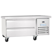 A stainless steel refrigerated equipment stand on wheels, featuring two large horizontal drawers on the left and a right-side section with a digital display, vent slats, and an Empura logo. The flat top surface doubles as a handy workspace.