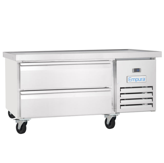 A stainless steel refrigerated equipment stand on wheels, featuring two large horizontal drawers on the left and a right-side section with a digital display, vent slats, and an Empura logo. The flat top surface doubles as a handy workspace.