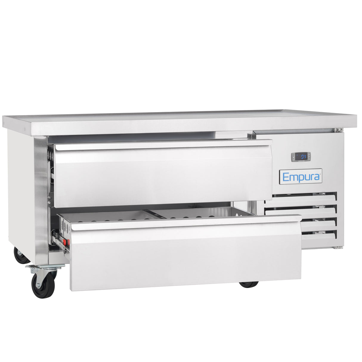 A commercial Empura refrigeration stainless steel refrigerated stand on wheels with two large drawers, one opened and one partially closed. It features a flat top, digital temperature display, and a blue Empura logo on the front right side.