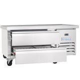 A commercial Empura refrigeration stainless steel refrigerated stand on wheels with two large drawers, one opened and one partially closed. It features a flat top, digital temperature display, and a blue Empura logo on the front right side.