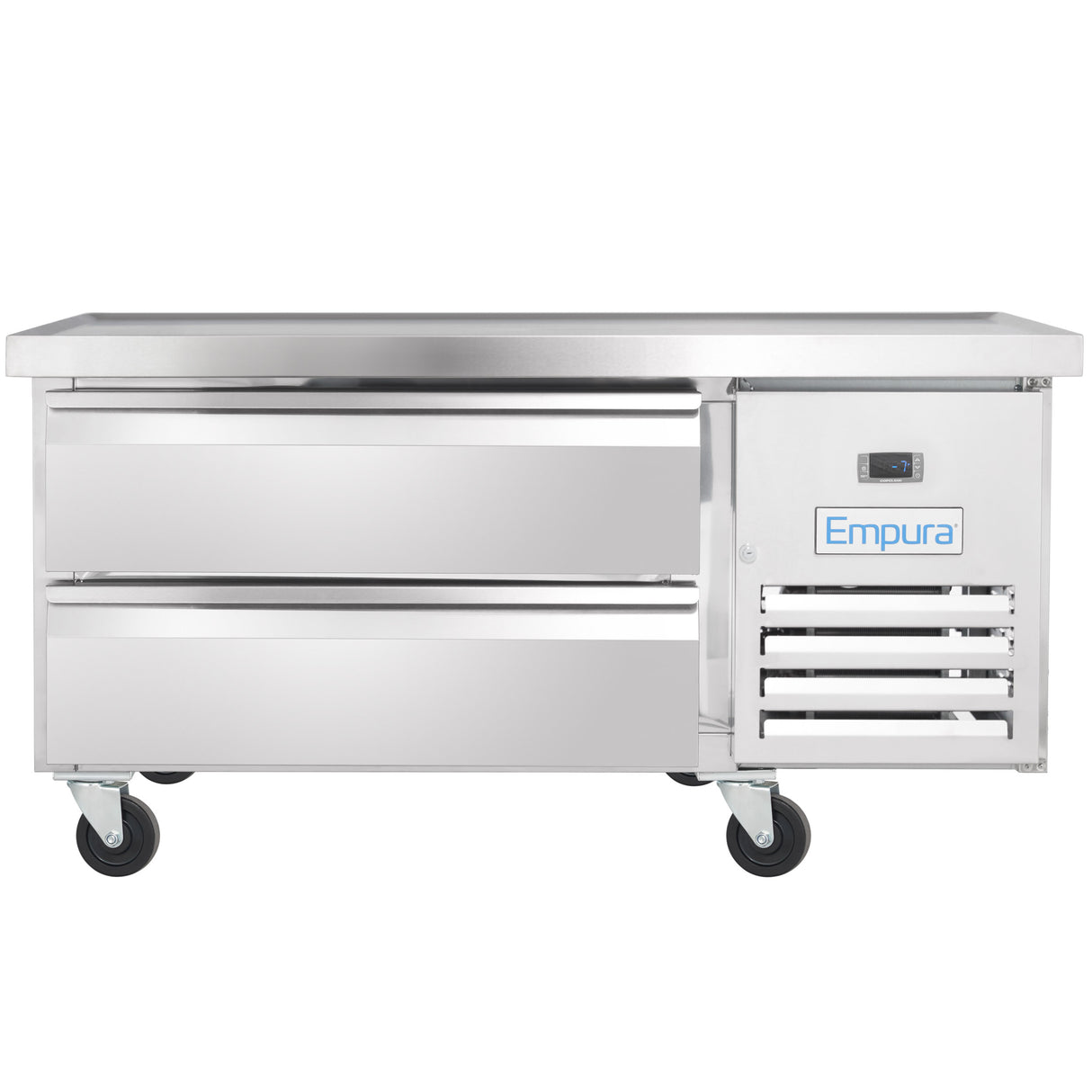 A stainless steel Empura refrigeration unit with two drawers, vented panel, and digital display on the right. This refrigerated equipment stand has four black wheels and a sleek, industrial design ideal for any kitchen setting.