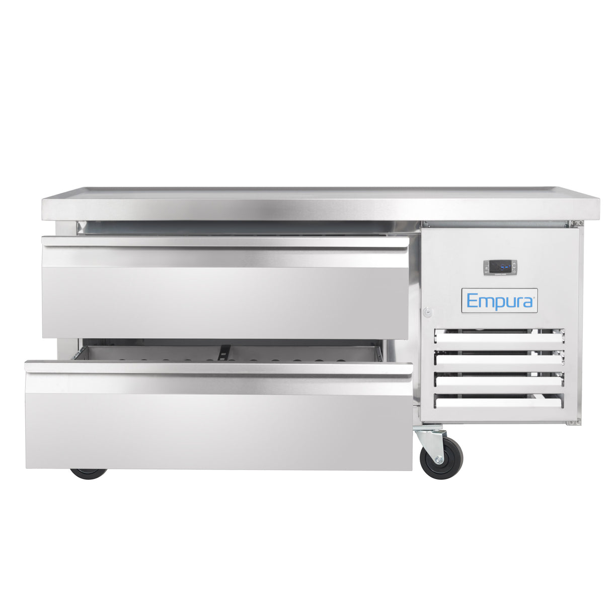 A stainless steel refrigerated equipment stand by Empura features two open horizontal drawers, a ventilation grill, digital display, and wheels. The flat worktop surface makes this Empura refrigeration unit ideal for commercial kitchens.