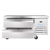 A stainless steel refrigerated equipment stand by Empura features two open horizontal drawers, a ventilation grill, digital display, and wheels. The flat worktop surface makes this Empura refrigeration unit ideal for commercial kitchens.