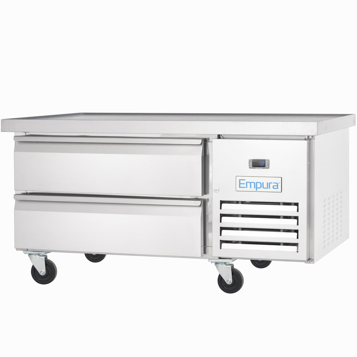A commercial stainless steel refrigerated equipment stand with two large pull-out drawers and four caster wheels. The right side features a digital temperature display, air vents, and the blue Empura logo. The flat top surface is ideal for food prep.