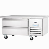 A commercial stainless steel refrigerated equipment stand with two large pull-out drawers and four caster wheels. The right side features a digital temperature display, air vents, and the blue Empura logo. The flat top surface is ideal for food prep.