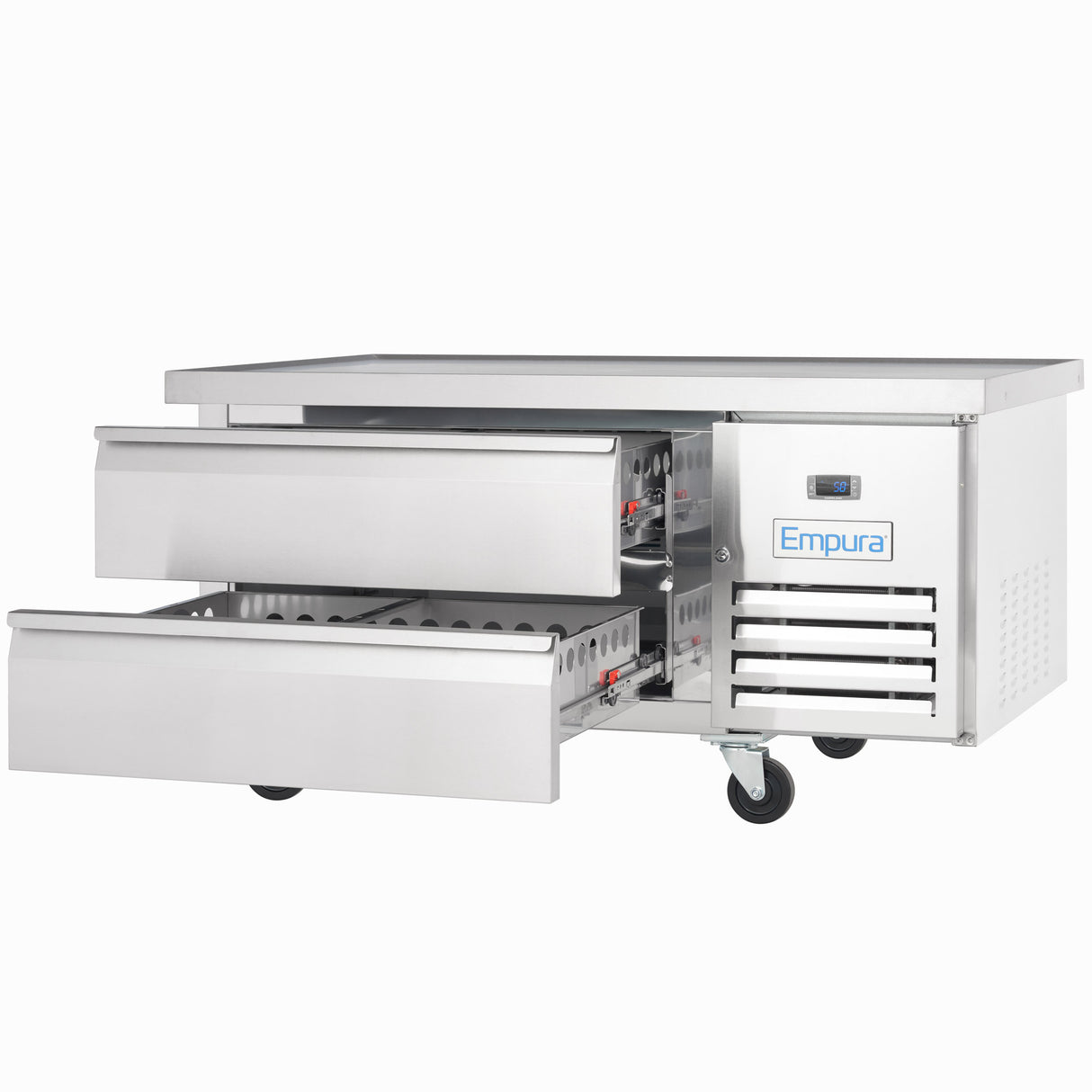 A stainless steel refrigerated equipment stand on wheels with two wide drawers partially open, vented panel and digital display on the right, and the Empura refrigeration brand name visible on the front.