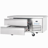 A stainless steel refrigerated equipment stand on wheels with two wide drawers partially open, vented panel and digital display on the right, and the Empura refrigeration brand name visible on the front.