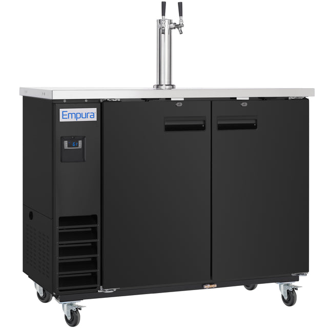 A black commercial kegerator with two doors, a stainless steel top, and twin beer taps serves as a dual tap beer dispenser. Wheels offer easy mobility. The Empura logo, vents, and digital display are visible on the lower left for an industrial look.