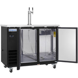 A commercial kegerator with two open glass doors reveals an empty stainless steel interior and visible hose lines. This direct draw beer dispenser features a dual tap tower, four wheels for mobility, and digital temperature controls on the left front panel.