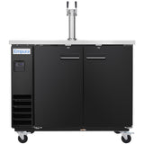 A black commercial kegerator with two doors, a silver top, and dual tap handles. This direct draw beer dispenser features wheels, an Empura label on the left door, digital display above vents, and a stainless steel drip tray beneath the tap tower.