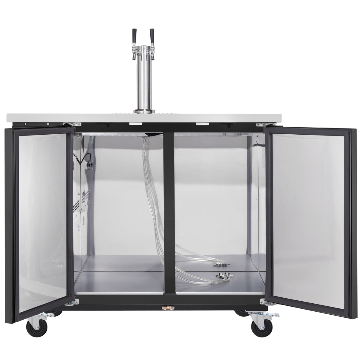 A commercial kegerator with dual tap beer dispenser is shown with both front doors open, revealing an empty interior and several beer lines. The stainless steel unit features four wheels for mobility and a flat top surface.