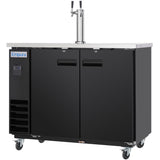 A black commercial kegerator on wheels with two doors, a stainless steel top, and a dual-tap beer dispenser. The left side displays the Empura logo above a vent and control panel. Perfect for storing and dispensing kegged beverages in any bar or restaurant.