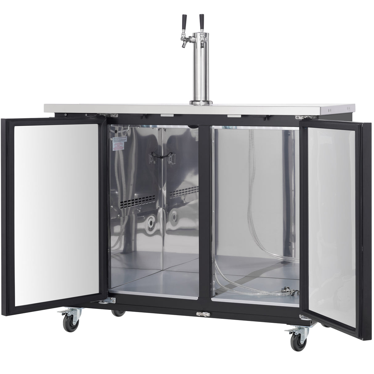 A commercial kegerator with a dual tap beer dispenser sits open, revealing a spacious stainless steel interior, metal shelves, hoses, and casters for mobility—perfectly designed to hold multiple kegs.
