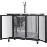 A commercial kegerator with a dual tap beer dispenser sits open, revealing a spacious stainless steel interior, metal shelves, hoses, and casters for mobility—perfectly designed to hold multiple kegs.