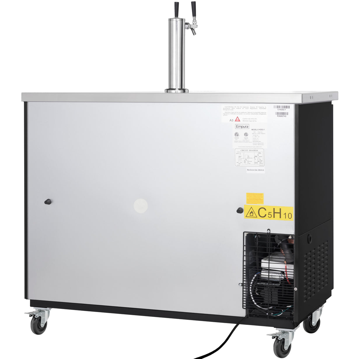 A large, silver and black commercial kegerator featuring a dual tap beer dispenser on top, ventilation grilles and compressor visible on the lower right side, warning labels, and four caster wheels for easy mobility.