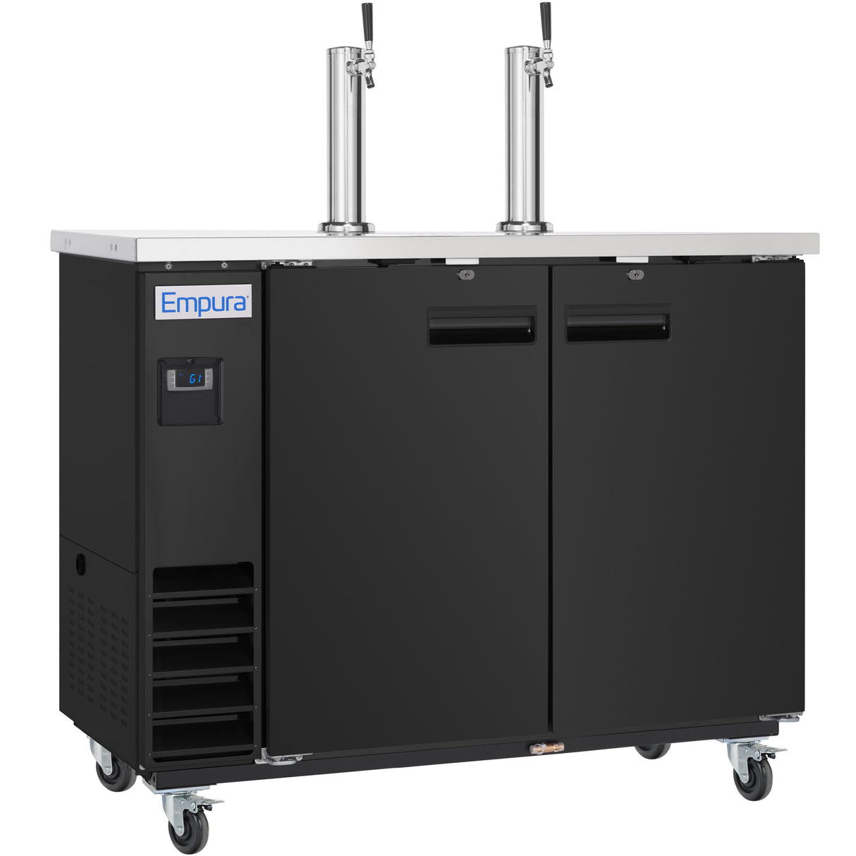 A commercial black double-door Beer Keg Cooler on wheels, featuring two stainless steel beer tap towers on top, a digital temperature display, vents on the lower left, and an Empura brand label on the upper left front panel.