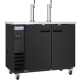 A commercial black double-door Beer Keg Cooler on wheels, featuring two stainless steel beer tap towers on top, a digital temperature display, vents on the lower left, and an Empura brand label on the upper left front panel.