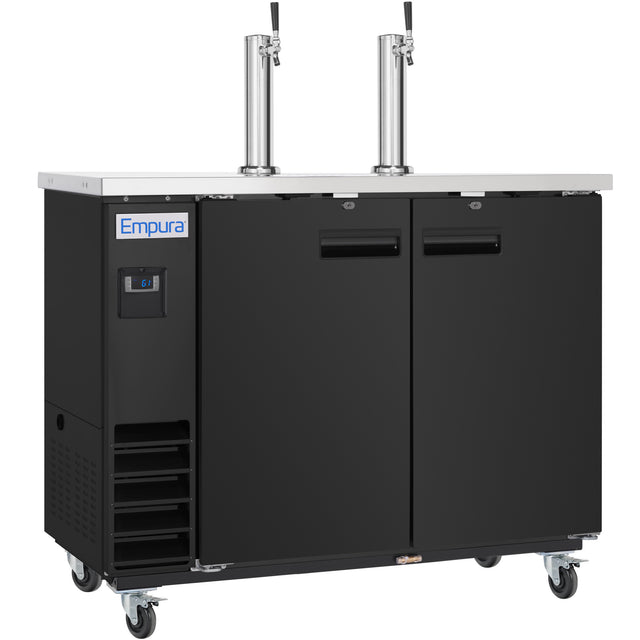 A commercial black double-door Beer Keg Cooler on wheels, featuring two stainless steel beer tap towers on top, a digital temperature display, vents on the lower left, and an Empura brand label on the upper left front panel.