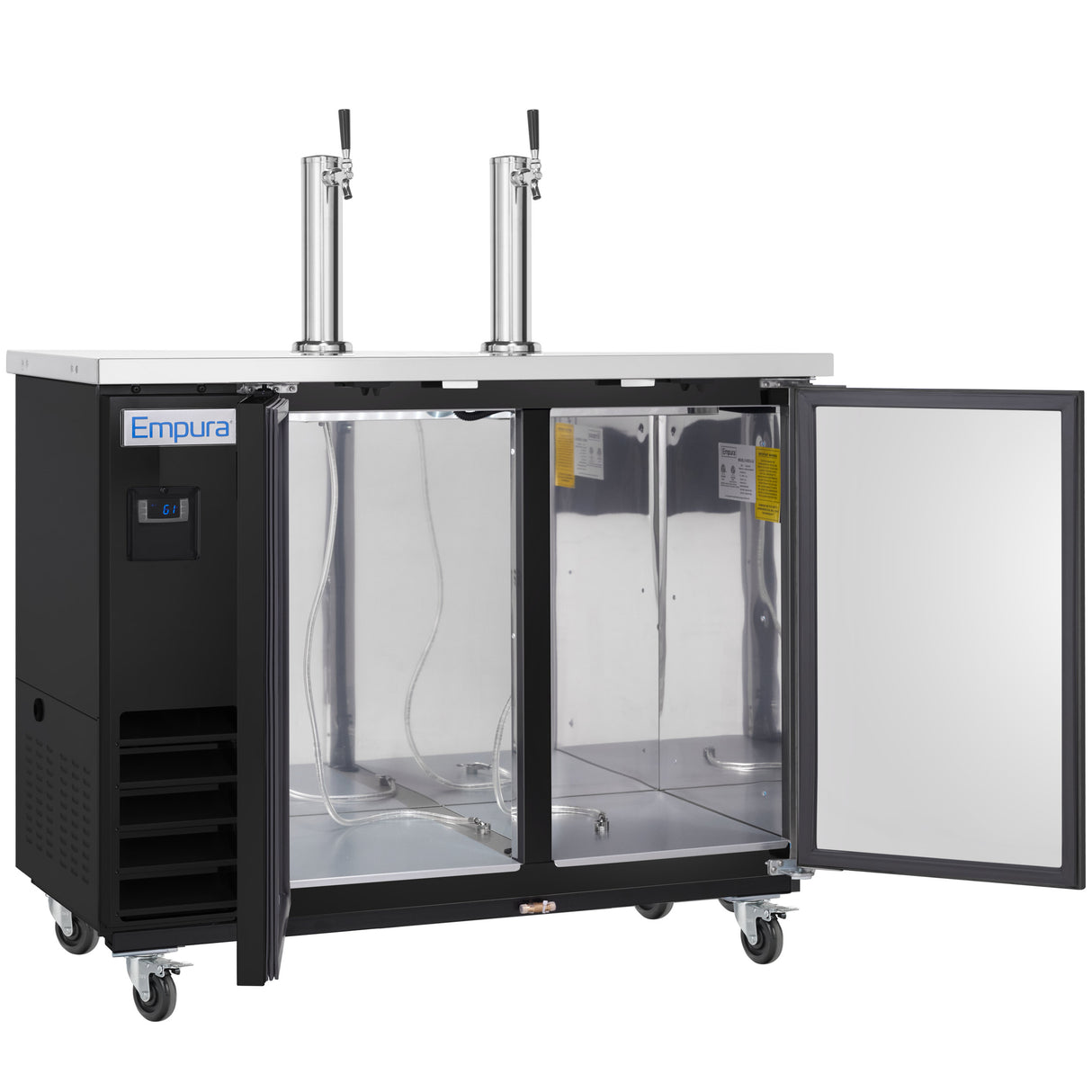 A commercial black and stainless steel Beer Keg Cooler with two beer taps on top, labeled Empura. The glass door on the right is open, revealing an empty interior. This Empura Refrigeration unit is on wheels for easy mobility.