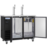 A commercial black and stainless steel Beer Keg Cooler with two beer taps on top, labeled Empura. The glass door on the right is open, revealing an empty interior. This Empura Refrigeration unit is on wheels for easy mobility.