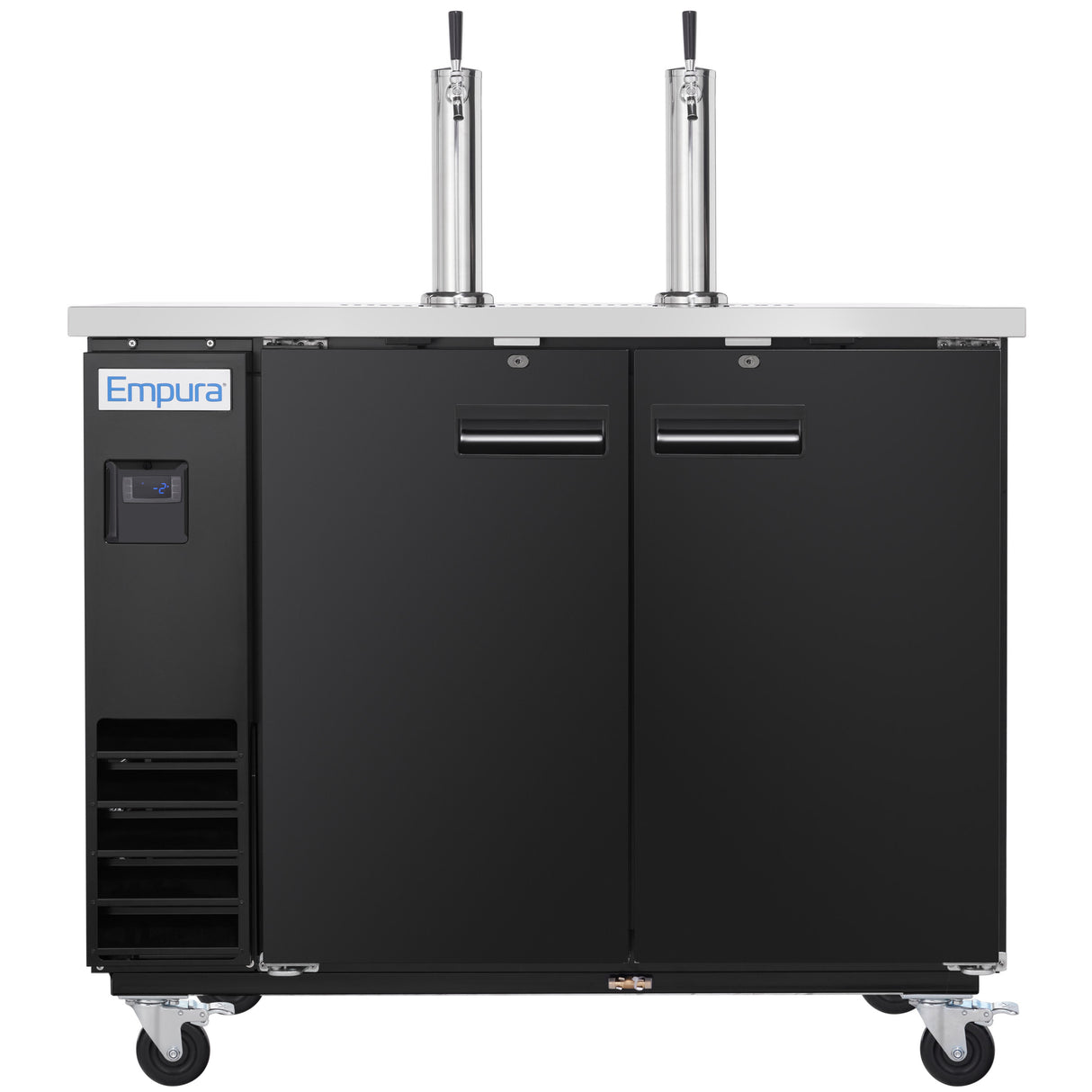A commercial black Empura Beer Keg Cooler on wheels with two tall stainless steel beer taps, double doors, a vent on the lower left, and a white Empura label. The flat metallic top features handles above each door—ideal for direct draw beer dispensing.