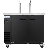 A commercial black Empura Beer Keg Cooler on wheels with two tall stainless steel beer taps, double doors, a vent on the lower left, and a white Empura label. The flat metallic top features handles above each door—ideal for direct draw beer dispensing.