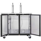 A stainless steel Beer Keg Cooler with two tap handles on top. The front double doors are open, revealing an empty interior with metal tubing and space for kegs. This Empura Refrigeration unit is on wheels and looks clean, ready to use as a direct draw beer dispenser.