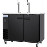 A black Empura Refrigeration commercial Beer Keg Cooler with two stainless steel beer tap towers, double doors, four caster wheels, and a vented panel on the lower left. The Empura label is visible near the top left corner.