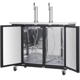 A stainless steel Empura Refrigeration direct draw beer dispenser with two open doors reveals an empty interior with hoses and two tap towers. Four caster wheels provide mobility, making this beer keg cooler ideal for dispensing draft beverages.
