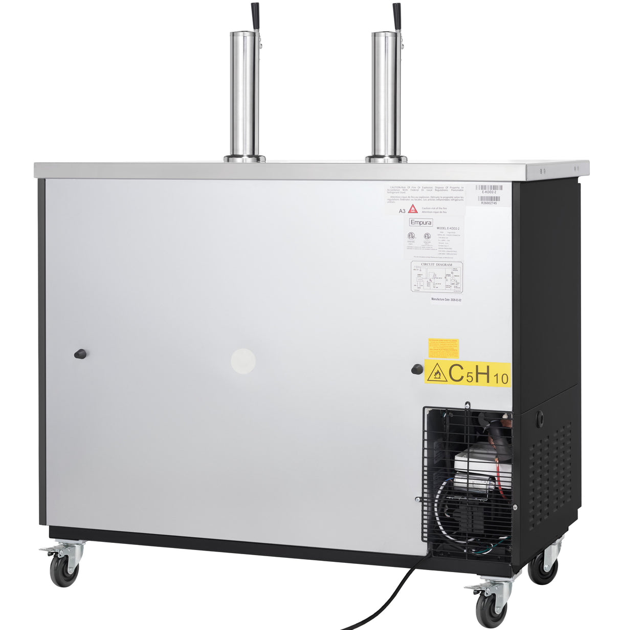 A commercial Empura Refrigeration Beer Keg Cooler on wheels with a stainless steel front, two tap columns, a cooling unit vent on the lower right, and clear safety labels. This Direct Draw Beer Dispenser has a clean, industrial appearance.