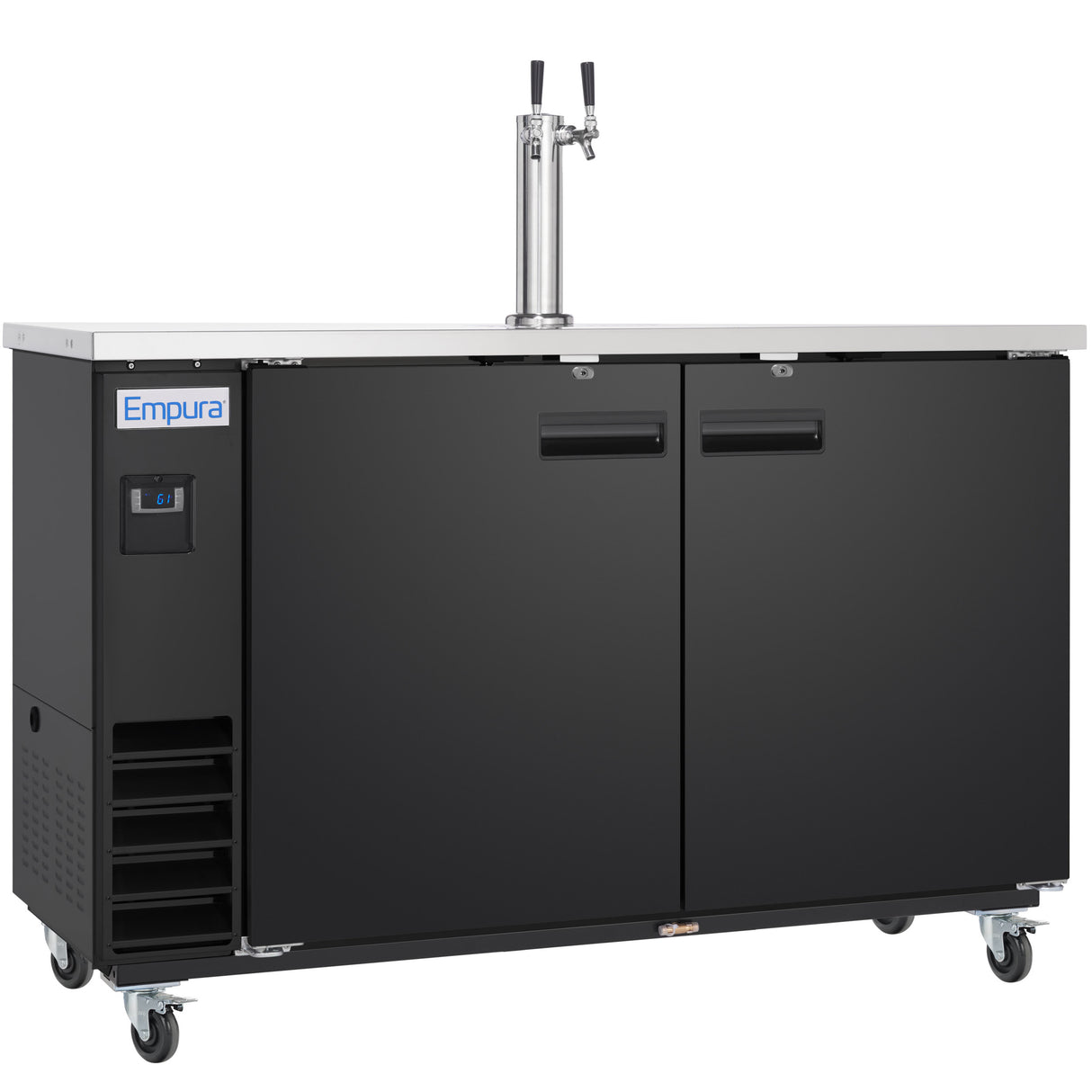A black, two-door Keg Cooler with a stainless steel top, dual tap tower, and casters for mobility. The unit has an Empura logo, digital temperature display, ventilation grilles on the left, and recessed handles on the doors.