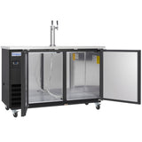 A stainless steel Keg Cooler with an open double door reveals empty interior space and beer tap lines. The countertop features a Dual Tap Tower. This Direct Draw Beer Dispenser has wheels for mobility and a black Empura control panel on the left side.